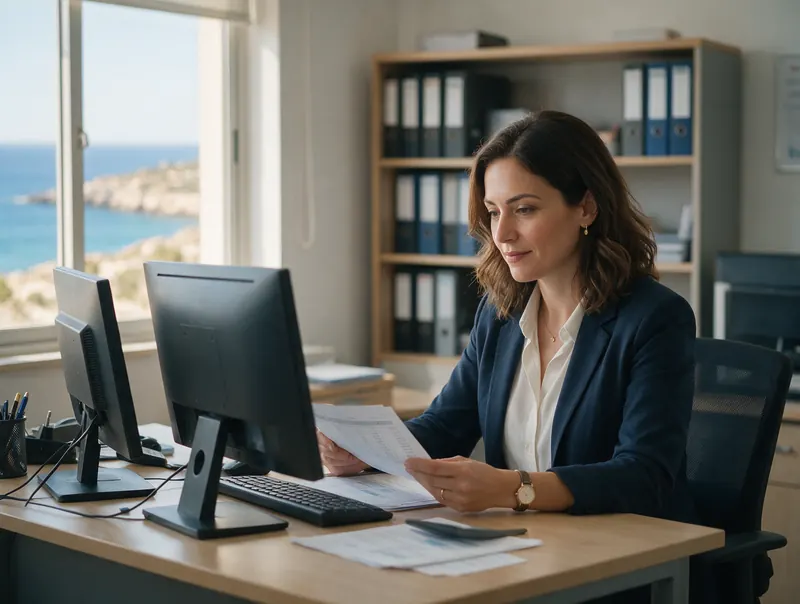 Accountant in a Cyprus office reviewing reports on two monitors