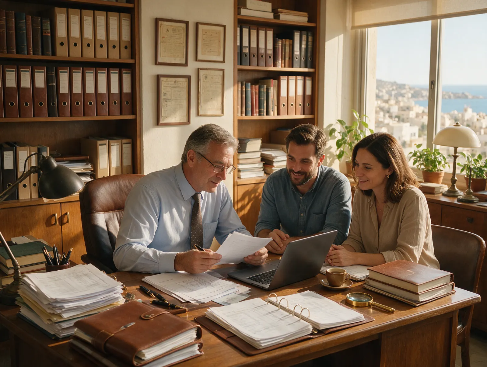 Accountant reviewing contract papers with a client couple in a Cyprus office