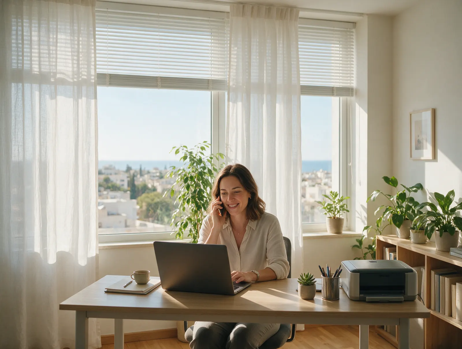 Saleswoman on a call in a sunny office in Nicosia, following up a lead