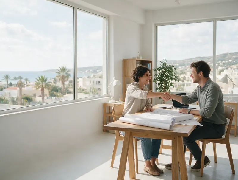 Consultant shaking hands with a client over plans in a bright studio office in Cyprus