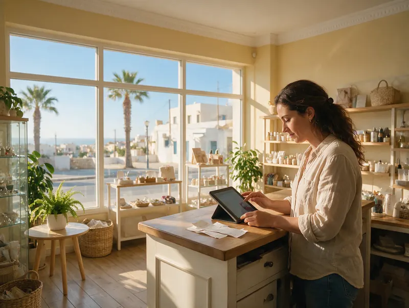 Boutique owner in Larnaca checking expenses on a tablet at her shop counter