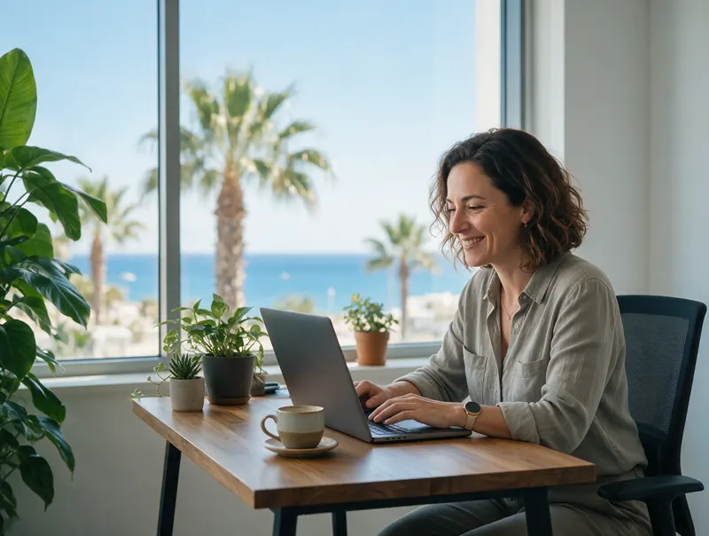 Business owner in a bright Limassol office working on invoices on her laptop