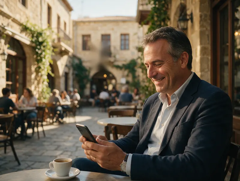 Business owner at a café in Nicosia smiling at his phone after a payment arrives