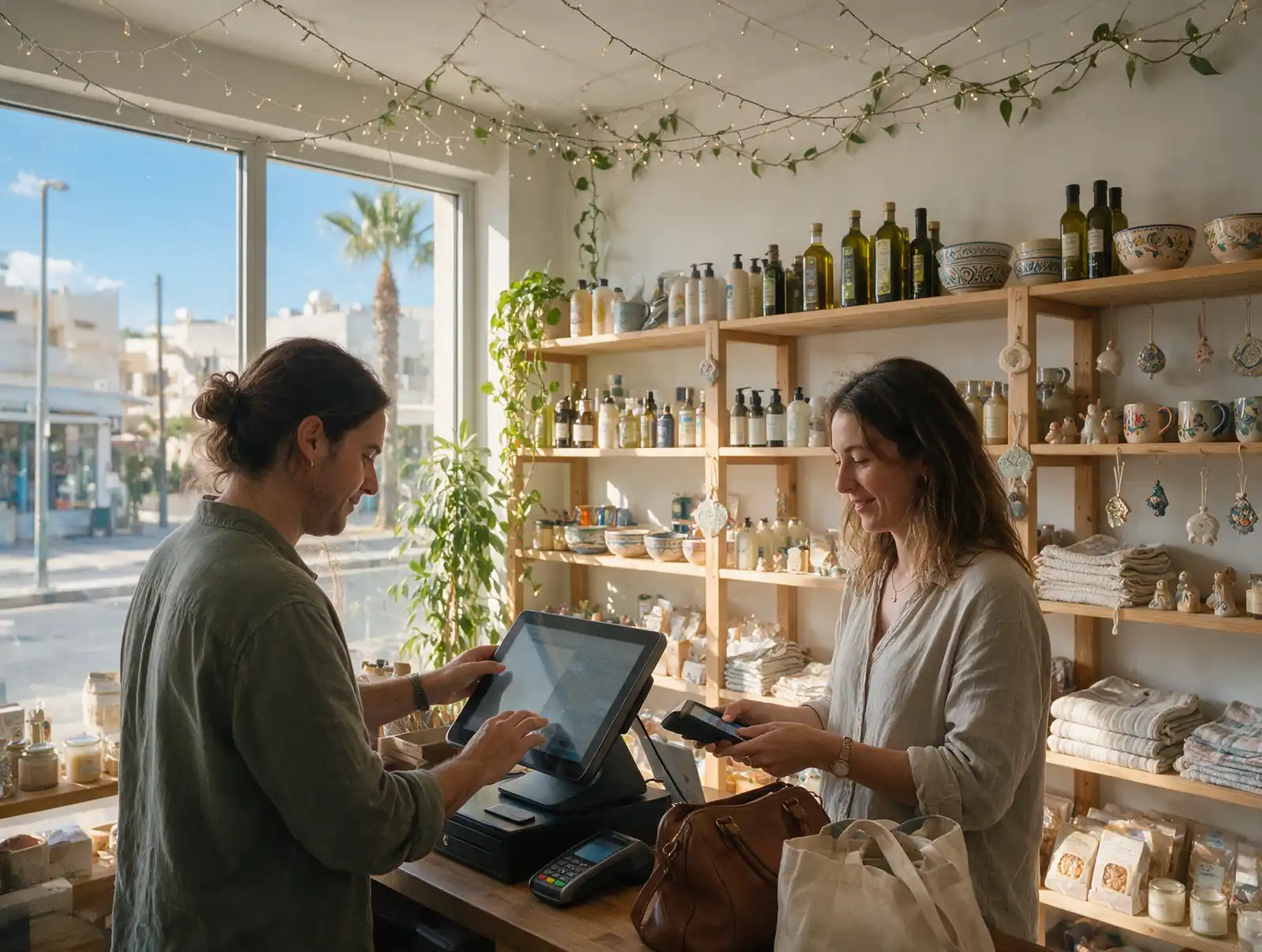 Shopkeeper ringing up a sale on a touchscreen till while a customer pays by phone, in a bright gift shop in Cyprus