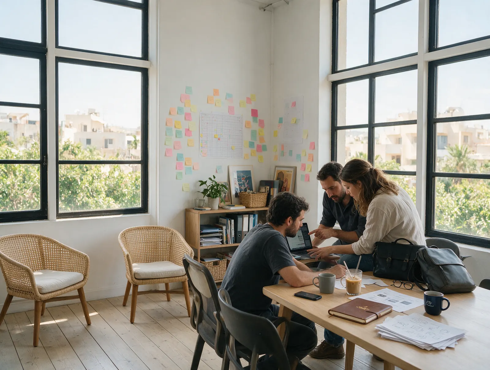 Small creative team in a Limassol loft office planning project tasks together