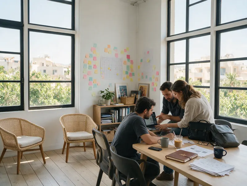 Small creative team in a Limassol loft office planning project tasks together