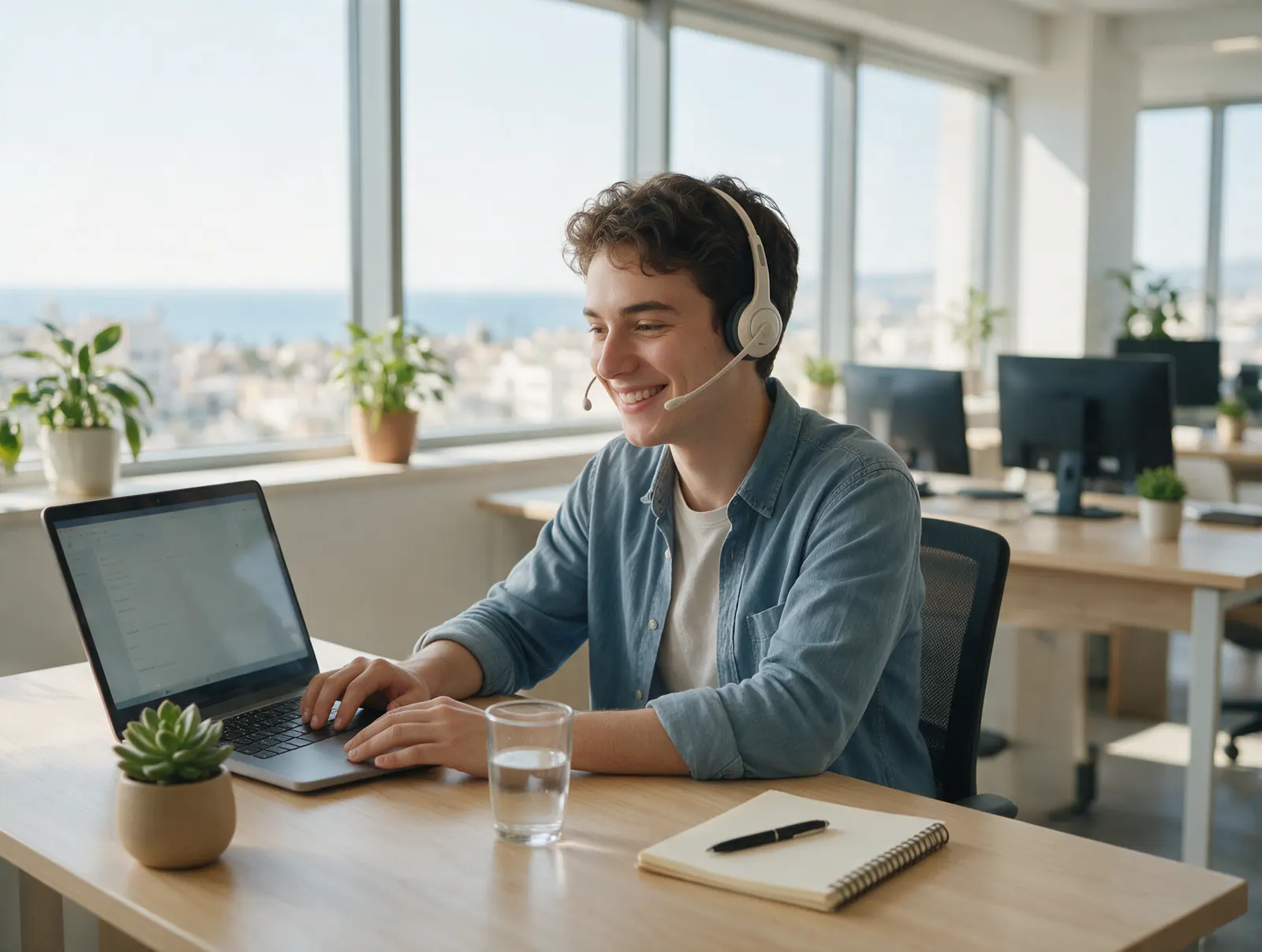 Support agent with a headset helping a customer from a bright office in Limassol