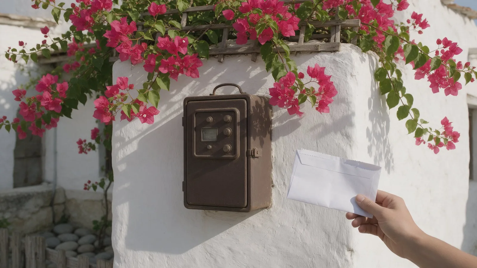 Electricity meter on a whitewashed Cypriot wall with bougainvillea and a bill envelope