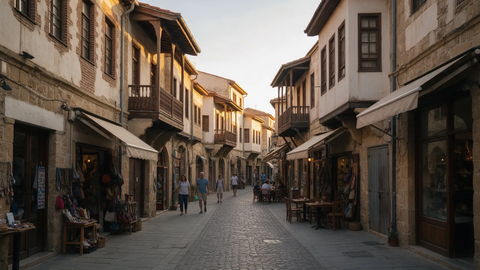 Street in Nicosia old town with stone buildings and small shops