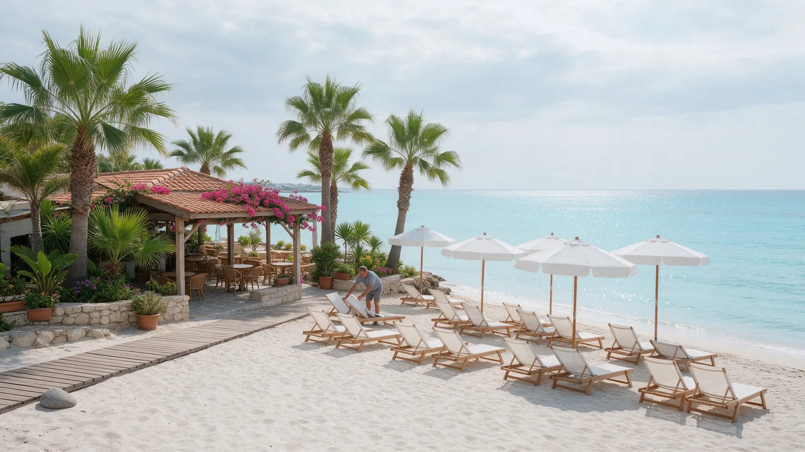 Beach bar in Protaras being set up in the morning