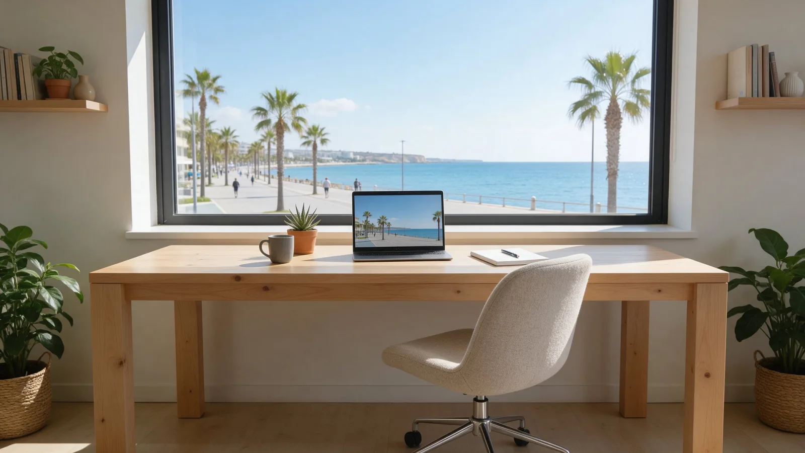 Office desk with a view of the Limassol seafront