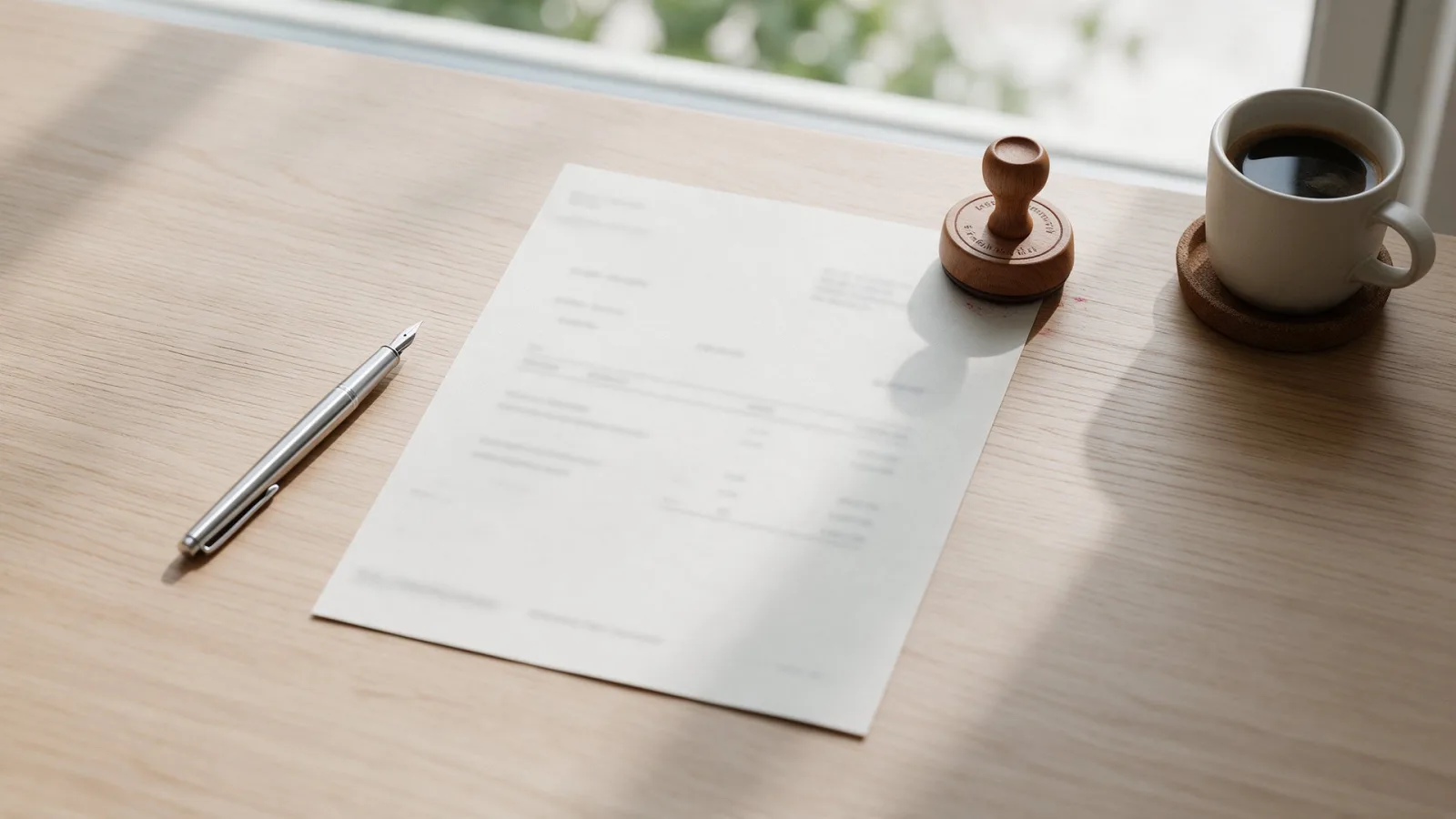 Printed invoice on a wooden desk with a pen, a stamp and a coffee