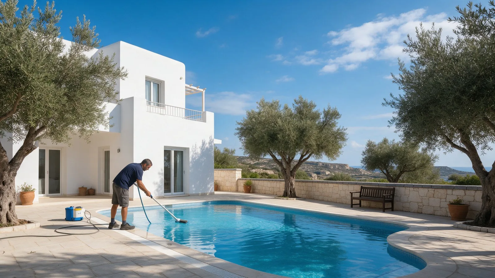 Technician on a monthly service visit cleaning a villa pool in Cyprus