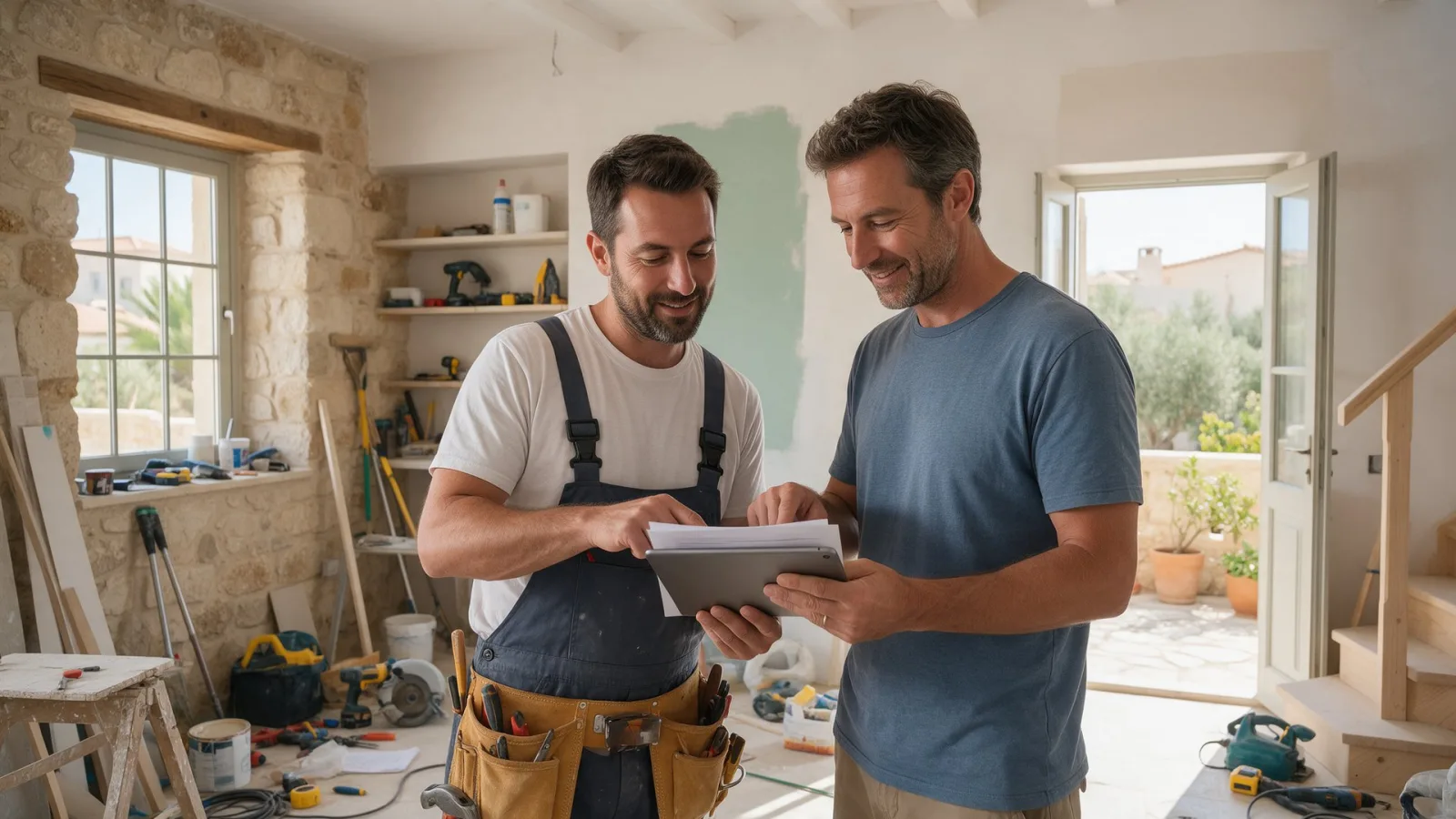 Contractor and homeowner reviewing a document on a tablet in a house under renovation