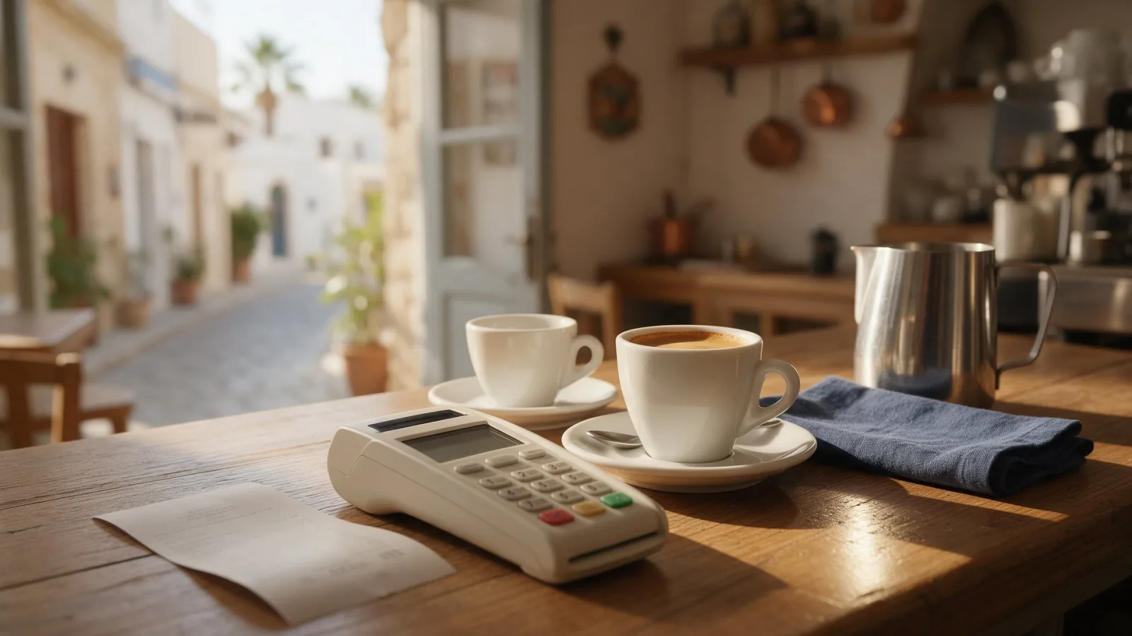 Café counter in Limassol with a receipt, a card terminal and two coffees