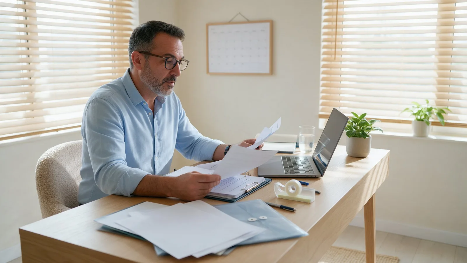 Business owner reviewing paperwork at a home-office desk with a laptop
