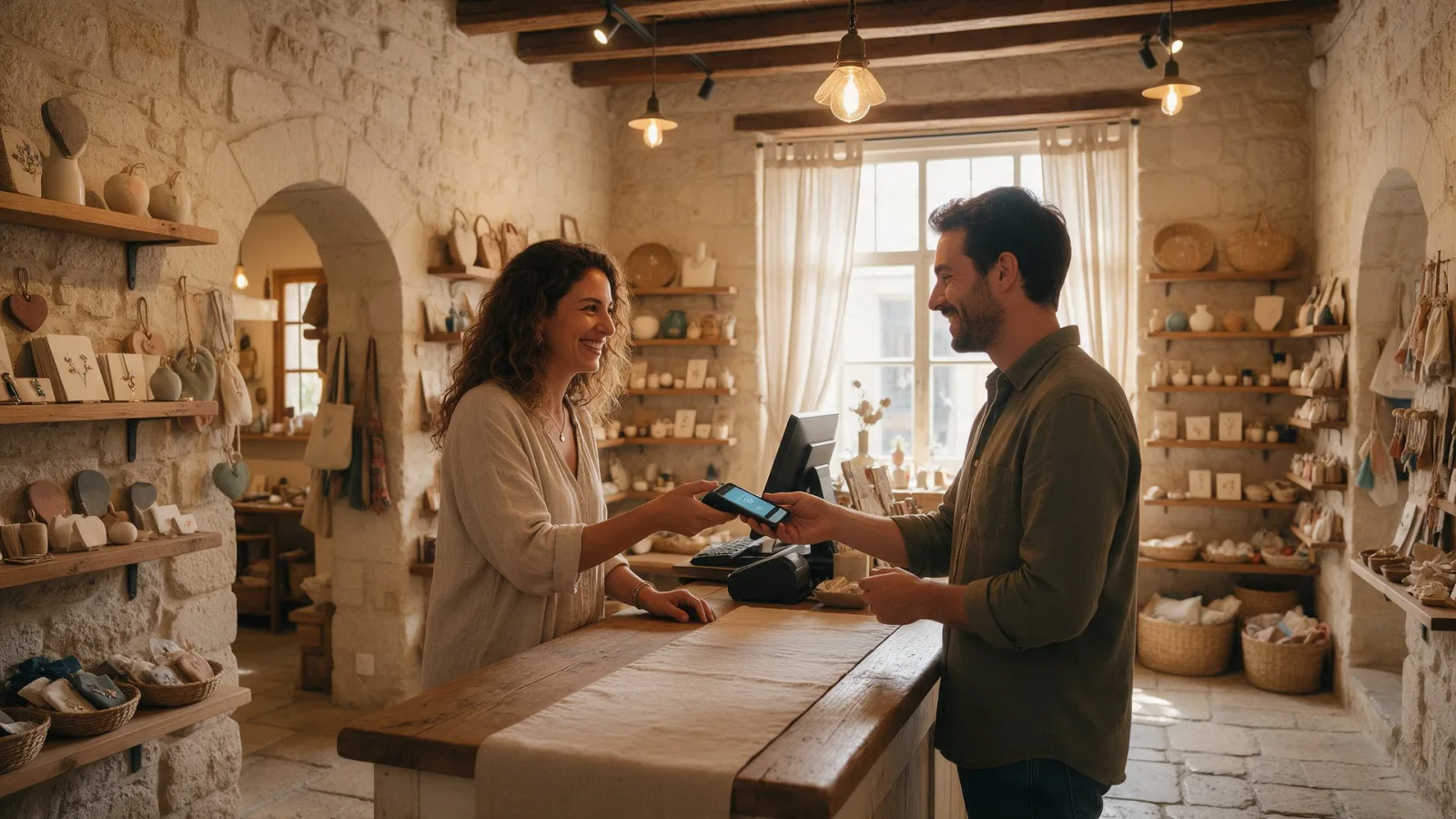 Shop owner taking a contactless phone payment in a small shop in Nicosia