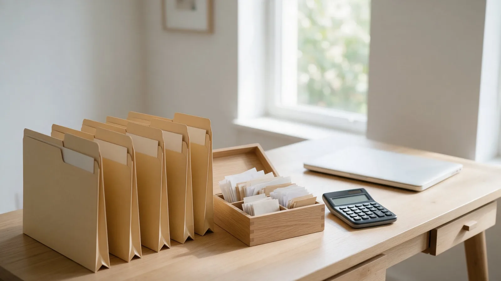 Tidy desk with folders, a box of sorted receipts, a calculator and a laptop