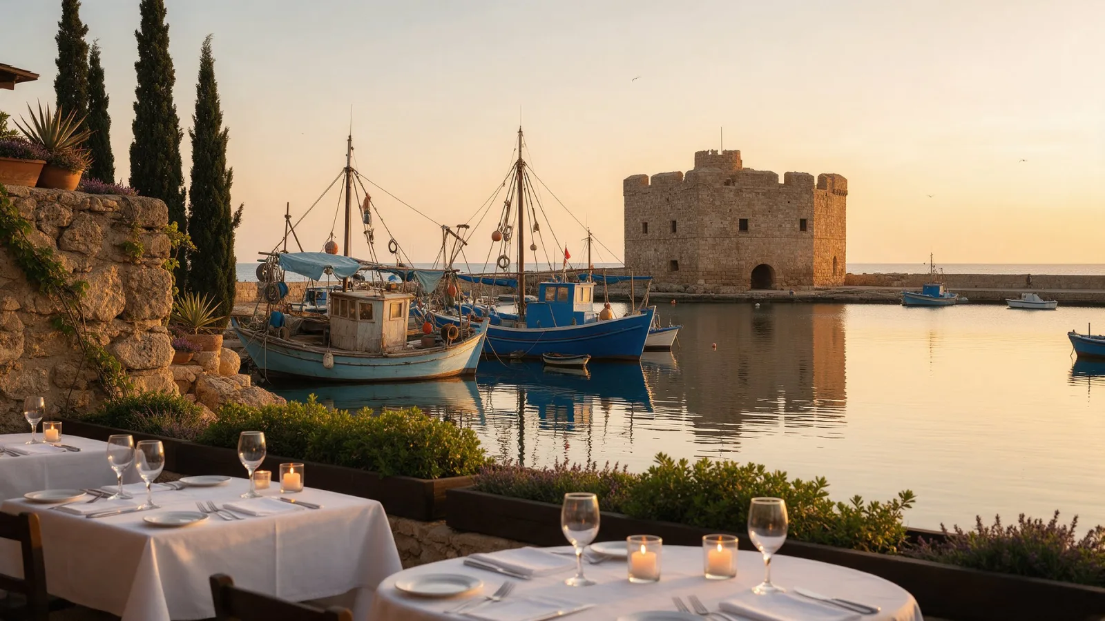 Paphos harbour and its medieval fort at sunset, with a seafront restaurant